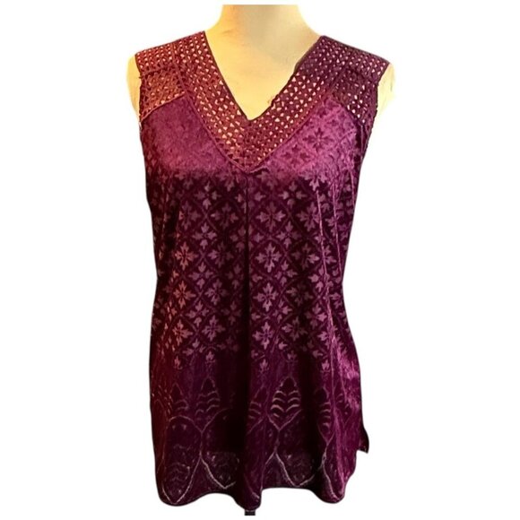 Whimsigoth Velvet Burnout Sleeveless Top Sz L Sheer Witchy Vampire Burgundy - Picture 1 of 9